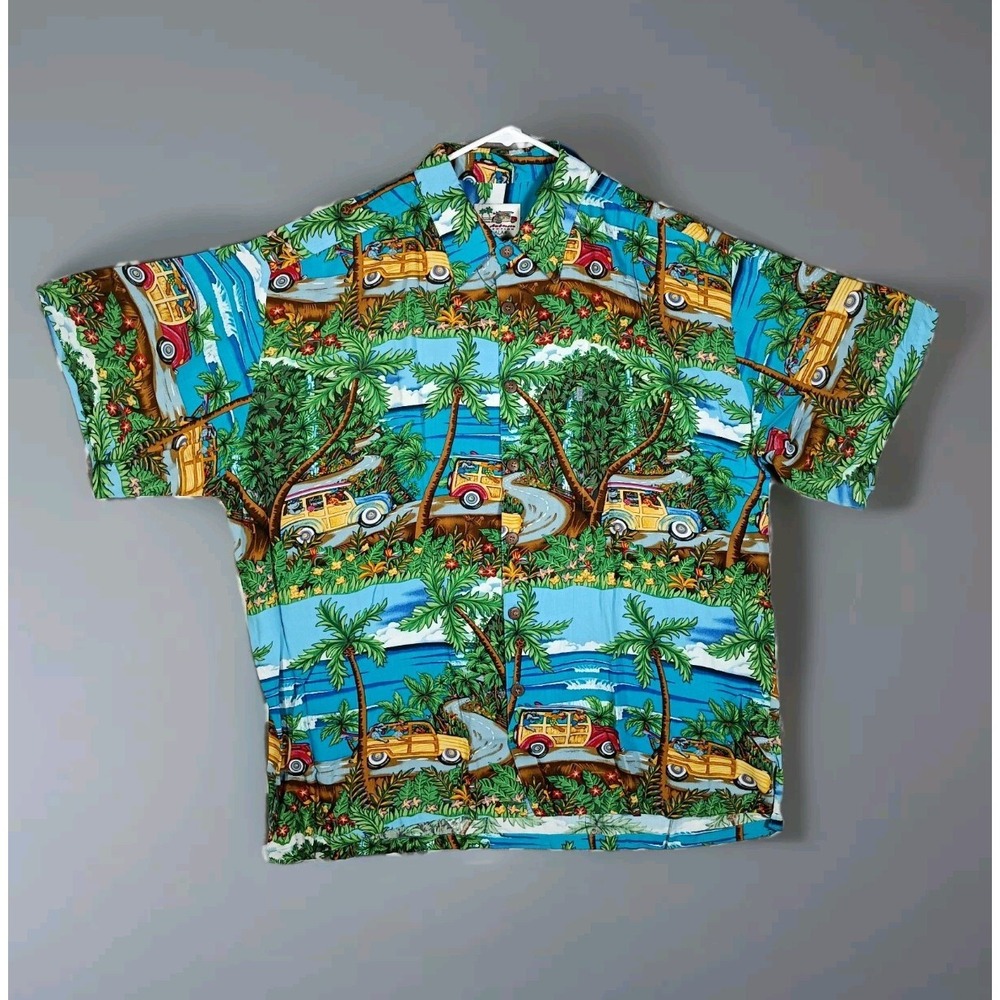 Kahala Hawaiian Shirt Men XL Blue Woody Wagon Dogs Tropical Rayon Ron Anderson
